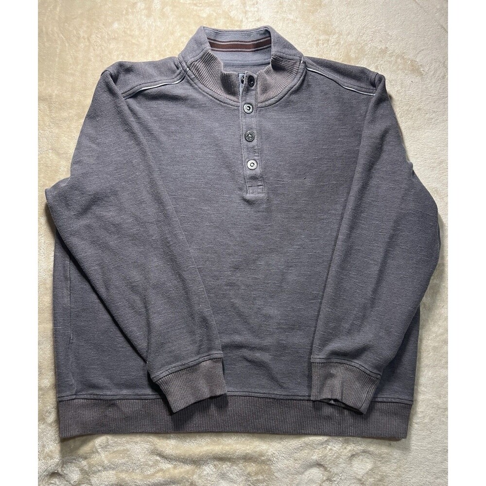 Tommy Bahama Men's XL Sweater Brown Gray Cotton Snap Button Henley Mock Neck